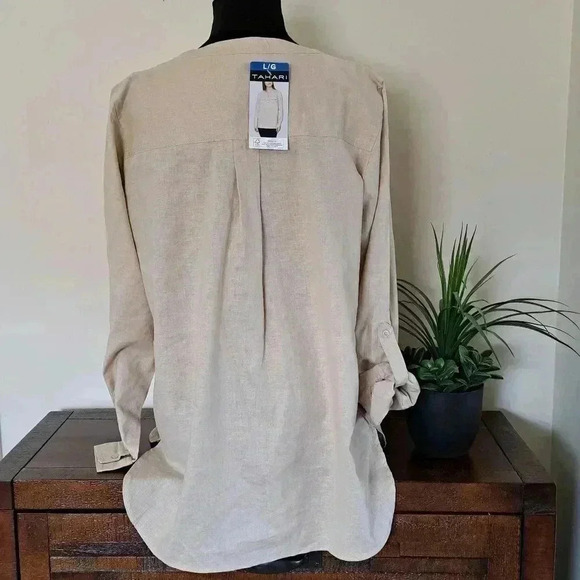 NWT Tahari Long Sleeved Linen Blouse Roll Sleeve Tan Large Popover Style Top - Picture 8 of 16